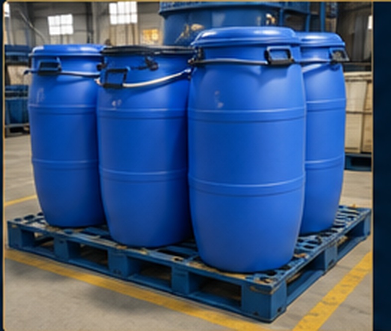 Blue plastic drums prepared for industrial distribution